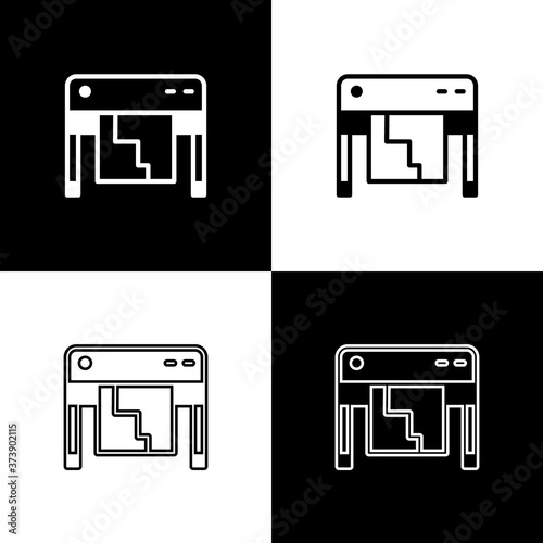Set Plotter icon isolated on black and white background. Large format multifunction printer. Polygraphy, printshop service. Vector.