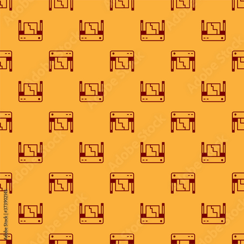 Red Plotter icon isolated seamless pattern on brown background. Large format multifunction printer. Polygraphy, printshop service. Vector.