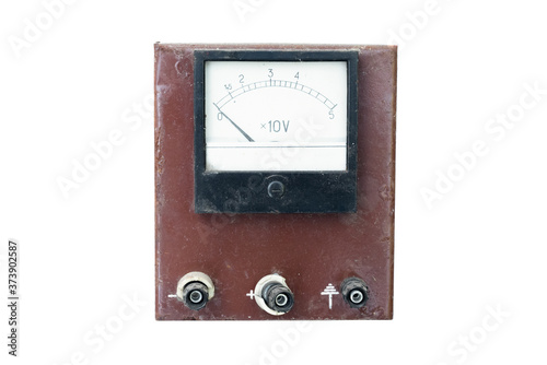 Old retro analog educational voltmeter isolated on the white background.