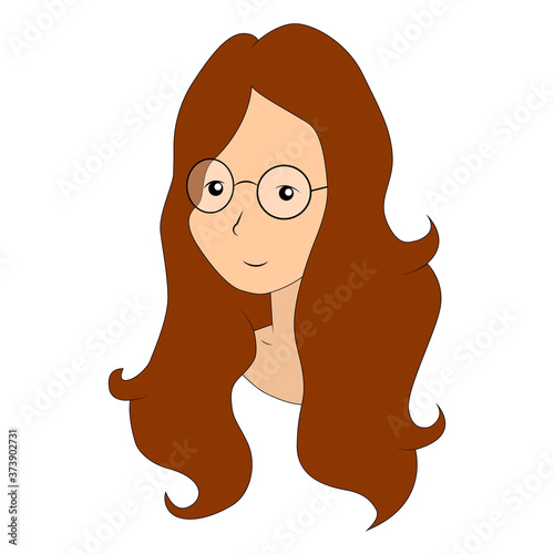 vector illustration of a shoulder-length girl with a kind smiling face in round glasses and long loose brown hair on a white background