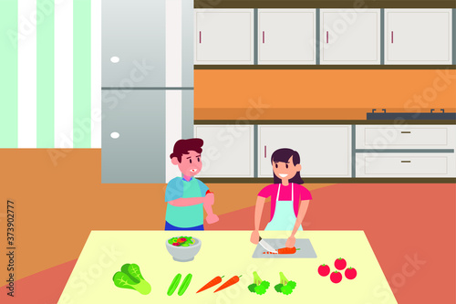 Healthy children vector concept: Kids  cutting vegetables happily in the kitchen © Creativa Images