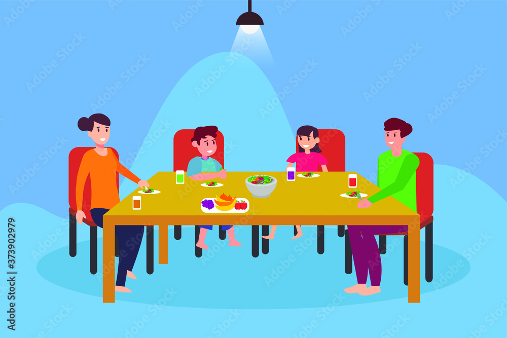 Family healthy lifestyle vector concept: group of family eating vegetables together happily in the dining room