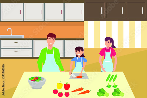 Healthy family vector concept: portrait of family group cooking and cutting vegetables happily in the kitchen