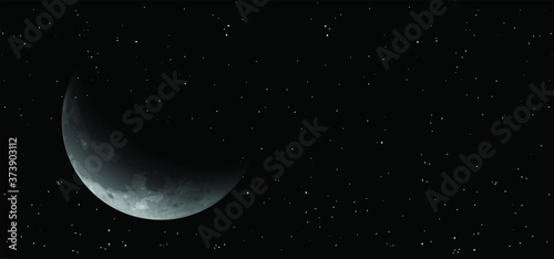 Vector moon and stars background. Moonlight night sky with stars. View lunar phase in space. Earth's moon glowing. Full Moon, supermoon, sar, blue maan, half moon, new moon. Moon shines through the tr