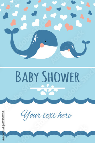 Vector image of a cute whale with the inscription Baby Shower. Baby shower card design. Vector for paper cover, fabric case, posters, social media. Space for text
