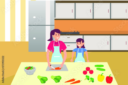Mother and daughter quality time  vector concept: Mother and daughter cooking vegetables together in the kitchen