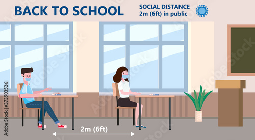 Back to school poster safe social distancing and coronavirus covid-19 prevention