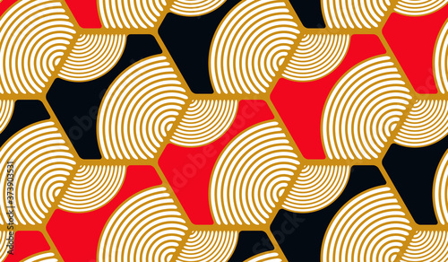 asian hexagonal pattern gold red black ivory