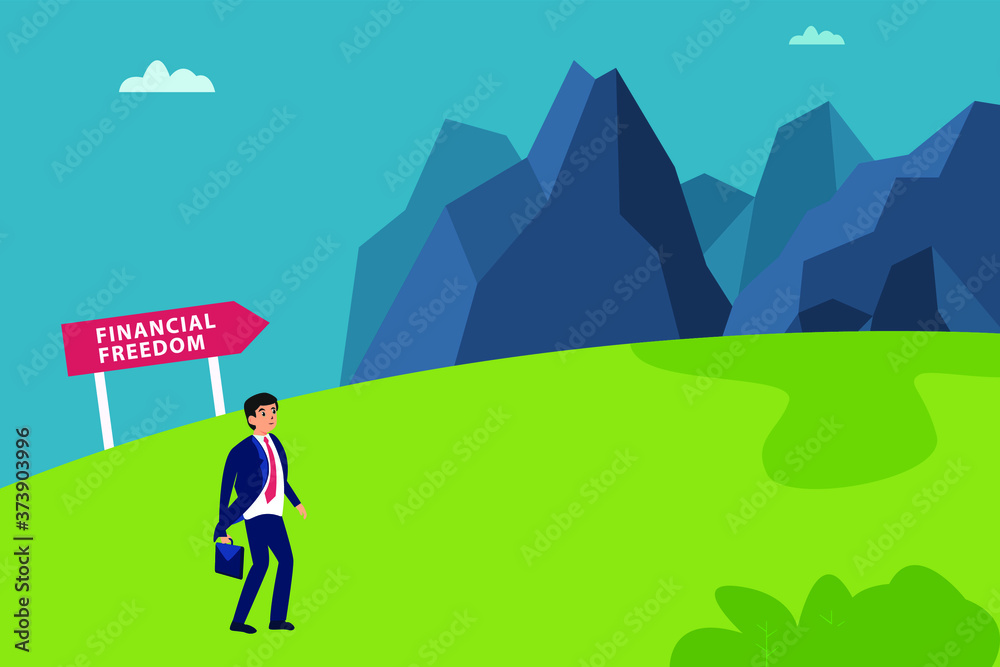 Financial freedom vector concept: businessman settling on a journey to get his financial freedom Financial freedom vector concept: businessman settling on a journey to get his financial freedom
