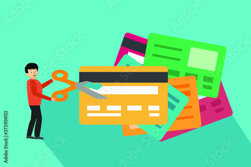 Credit card or debt vector concept: Young man cutting up big credit cards with scissors