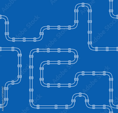 industrial seamless pattern. white piping on Blue background. pipes for water, gas, oil. Pattern in line art style.