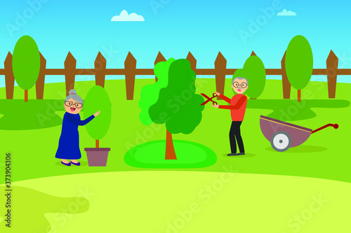 Gardening vector concept: Happy elderly couple pruning their trees 