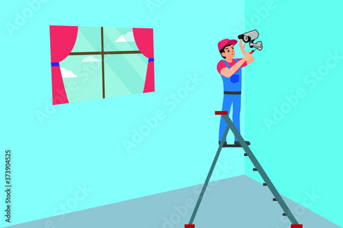 CCTV installation vector concept: technician setting up CCTV camera in the corner of the room