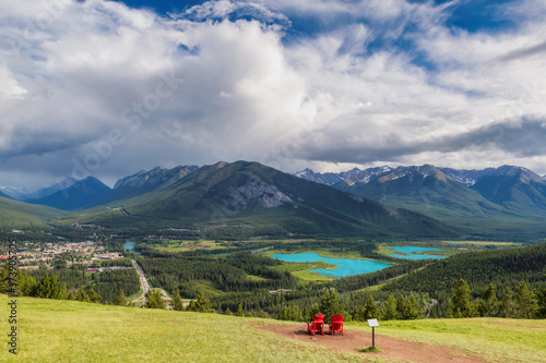 Beautiful view on Banff town from mountain view Point in Rocky Mountains, Banff, Canada. © lucky-photo