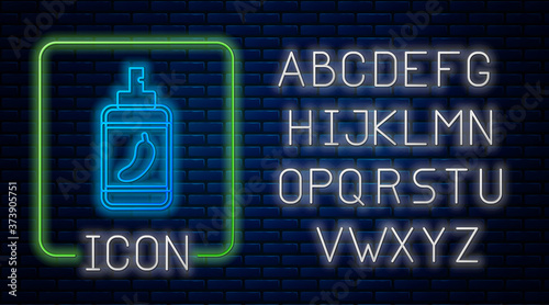 Glowing neon Pepper spray icon isolated on brick wall background. OC gas. Capsicum self defense aerosol. Neon light alphabet. Vector.