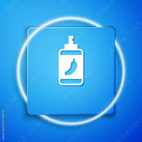 White Pepper spray icon isolated on blue background. OC gas. Capsicum self defense aerosol. Blue square button. Vector.