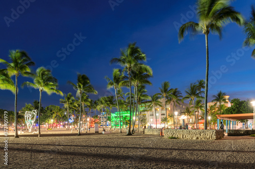 South Miami beach with palm trees at night in Ocean Drive, Miami Beach, Florida. Nightlife in Miami Beach. © lucky-photo