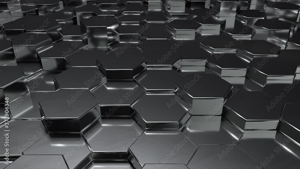Abstract black metallic honeycomb on random surface level floor background. copy space. 3D illustration rendering. 4K motion graphic footage video. Seamless looping