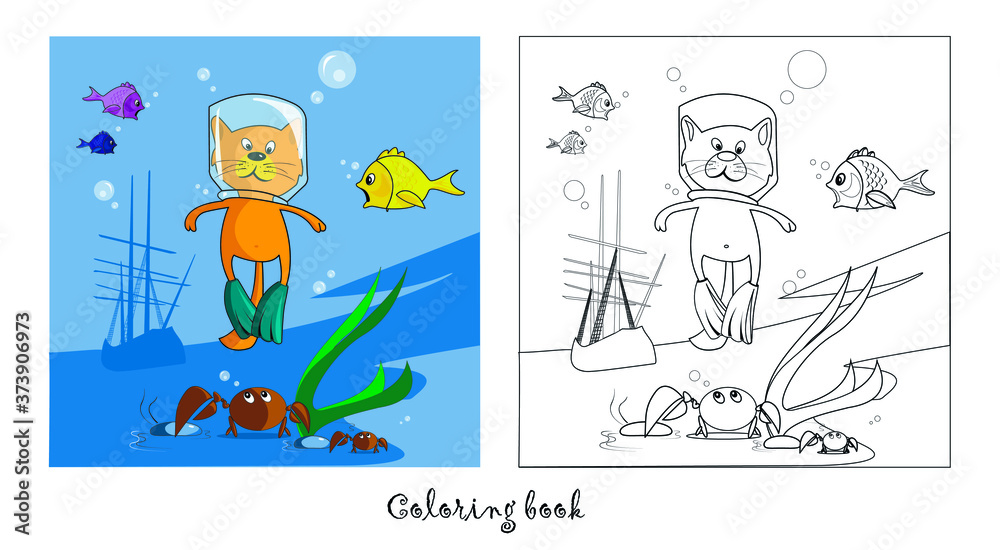 Coloring book. Cartoon vector illustration cat diver underwater with fish and crabs