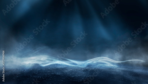 Dramatic dark background. Reflection of light on the water. Smoke Fog, rays, the moon. Empty night scene, landscape, river, clouds. 3d illustration