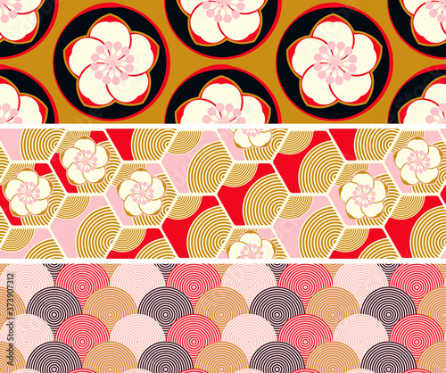 trio japanese style patterns cherry hexagonal grid gold pink