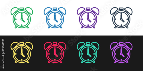 Set line Alarm clock icon isolated on black and white background. Wake up, get up concept. Time sign. Vector.
