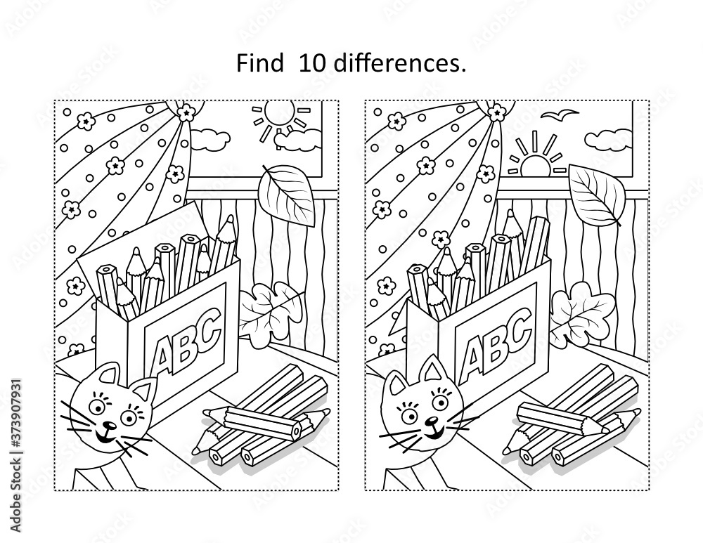 Find 10 differences visual puzzle and coloring page with box of pencils
