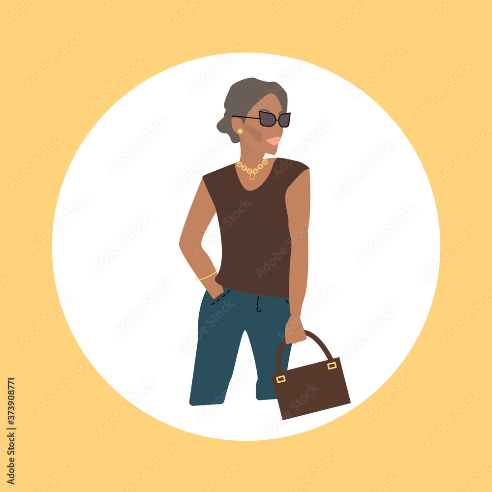 A woman poses in glasses, jeans, with a bag, gold beads. Vector illustration of a woman in a fashionable image. Advertising glasses and costume jewelry A woman poses in glasses, jeans, with a bag, gold beads. Vector illustration of a woman in a fashionable image. Advertising glasses and costume jewelry