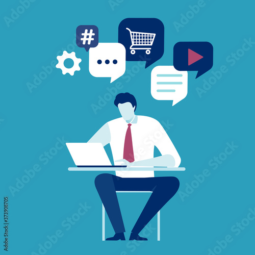 Browsing internet. Mobile communication and social network concept. Vector illustration of a man using laptop.