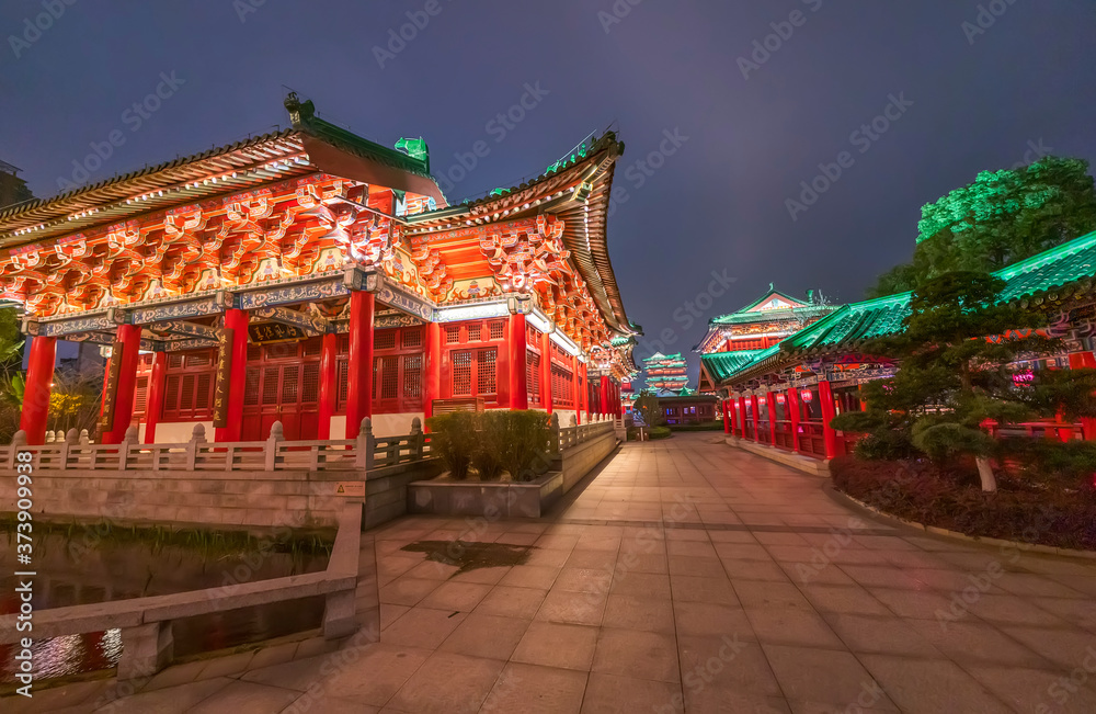 ancitent pavilion in nan chang jiang xi province China at night,All Chinese words only introduce itself which means 