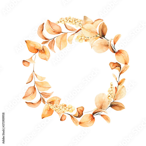 Watercolor floral wreath. Hand painted yellow and orange flowers with leaves isolated on white background. Autumn festival. Botanical illustration for design  print or wedding card