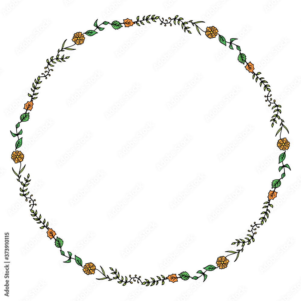 Naklejka premium Round frame with decorative flowers and plants on white background. Vector image.