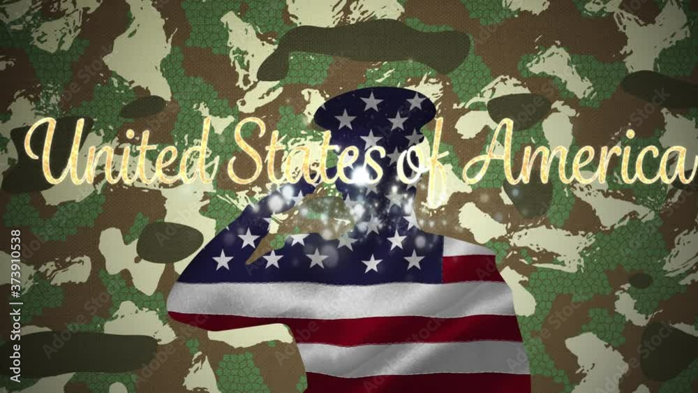 United states of america text over silhouette of soldier against camouflage background
