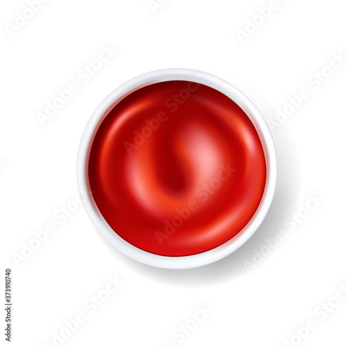 Tomato sauce in white saucer, top view, vector illustration.