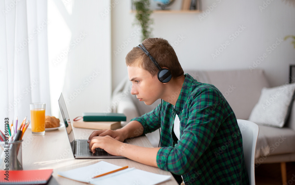 Concentrated nerd boy having online lesson, studying from home Concentrated nerd boy having online lesson, studying from home