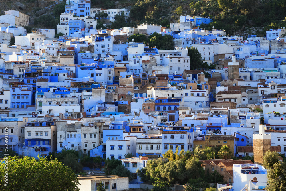 Aerial view of Chefchaouen in Morocco. The city is noted for its buildings in shades of blue and that makes Chefchaouen very attractive to visitors.
