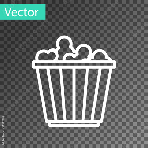 White line Popcorn in cardboard box icon isolated on transparent background. Popcorn bucket box. Vector.
