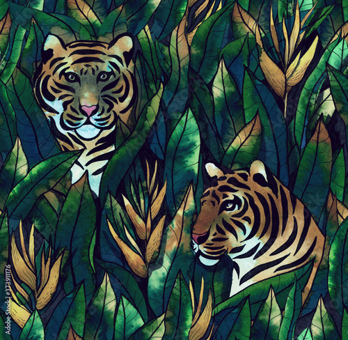 Fototapeta Naklejka Na Ścianę i Meble -  Tiger in tropical leaves hand-drawn by watercolor. Seamless tropical pattern. Stock illustration