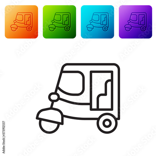 Black line Taxi tuk tuk icon isolated on white background. Indian auto rickshaw concept. Delhi auto. Set icons in color square buttons. Vector.