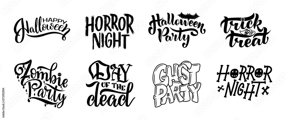 set of postcard for Happy Halloween. Modern and stylish hand drawn lettering. Quotes. Horror. Boo. Text banner on background for Halloween Party Night.