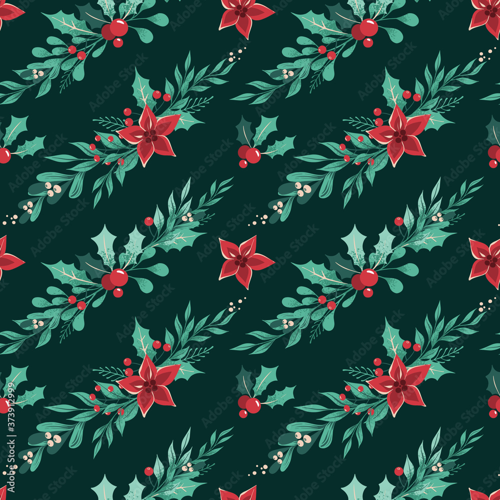 Seamless Christmas pattern with with garlands of winter plants, leaves, berries and flowers arranged diagonally on a dark green background. Decorative wallpaper, good for printing. Vector. Happy New Y Seamless Christmas pattern with with garlands of winter plants, leaves, berries and flowers arranged diagonally on a dark green background. Decorative wallpaper, good for printing. Vector. Happy New Y