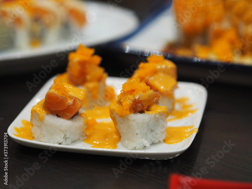 Shrimp with Sweet Sauce and salmon top on Kimchi, Nigiri Sushi food sushi Japanese