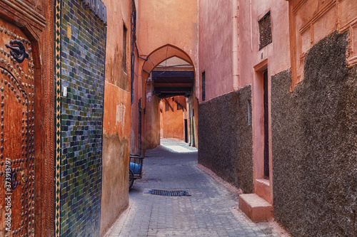 Colorful narrow streets of the Meknes medina. Meknes is one of the four Imperial cities of Morocco and the sixth largest city by population in the kingdom.