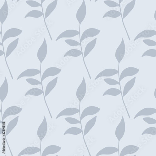 Light blue leaf branches silhouettes seamless pattern. Foliage pastel soft palette artwork. Floral backdrop.