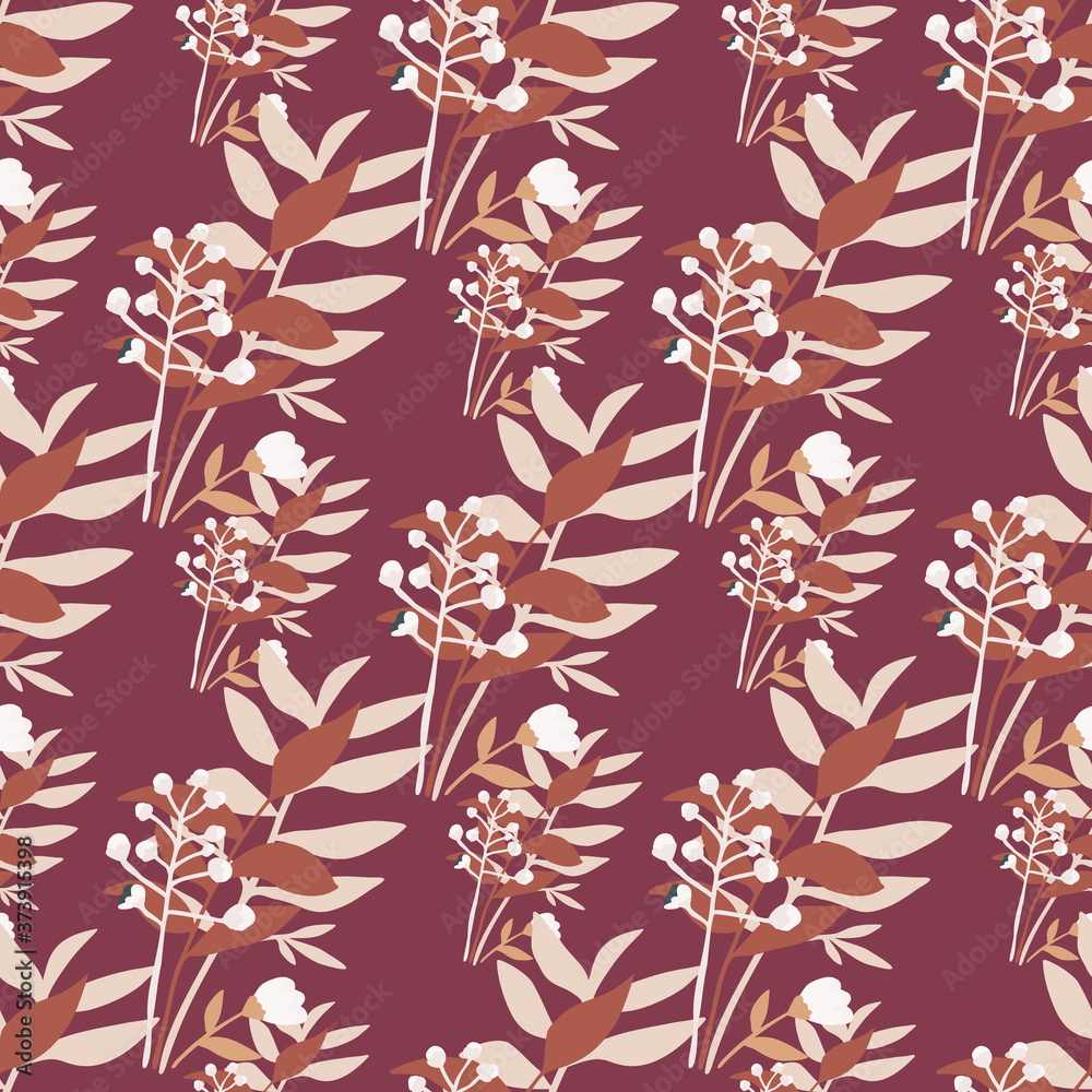 Fototapeta premium Wild forest bouquet seamless hand drawn pattern. Autumn print with white and brown branches on maroon background.