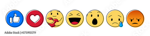 Set of Yellow Emoticon and Emoji Smiles, hand drawn art design