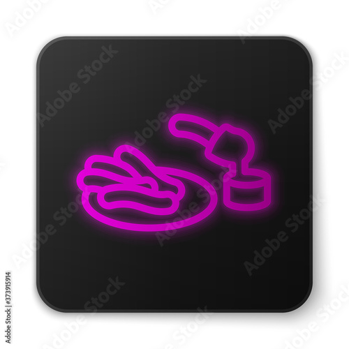 Glowing neon line Churros and chocolate icon isolated on white background. Traditional national Spain dessert, European street food. Black square button. Vector.