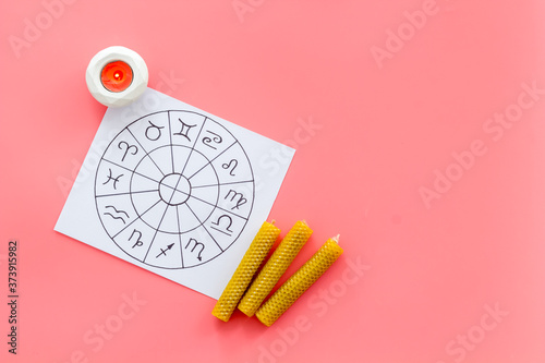 Fotografie Horoscope wheel of zodiac symbols on work place