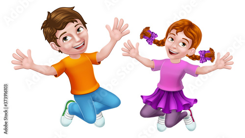 Two kids, girl and boy, cartoon character children jumping for joy