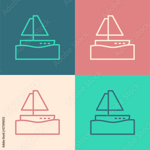 Pop art line Yacht sailboat or sailing ship icon isolated on color background. Sail boat marine cruise travel. Vector.
